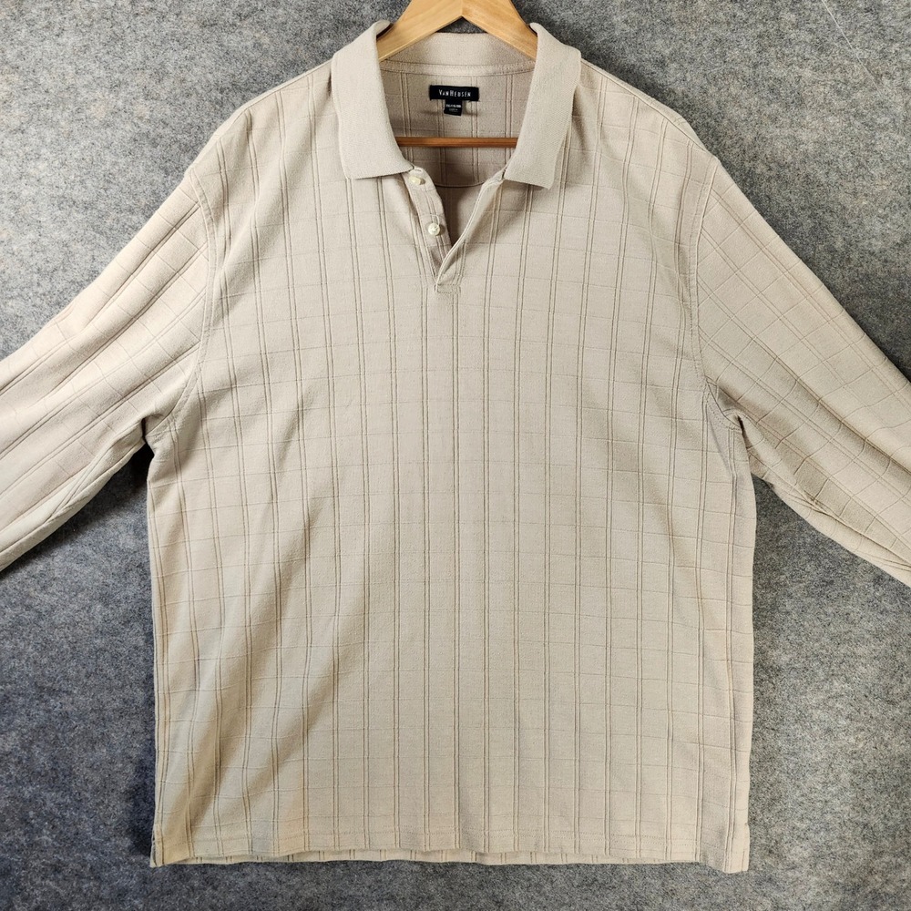 Van Heusen Mens XXL Long Sleeve Polo Shirt Tan Beige Textured Grid Knit Pullover